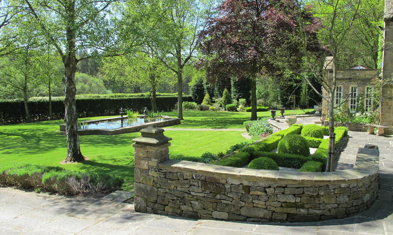 sunny garden with pond